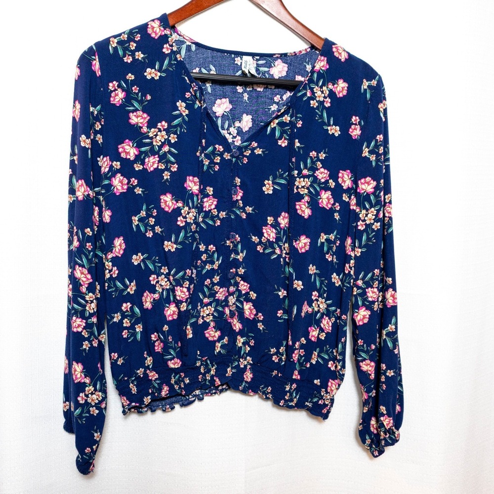 Mudd Women's Floral Blouse XL Blue Pink Long Sleeve Smocked Hem Peasant Top